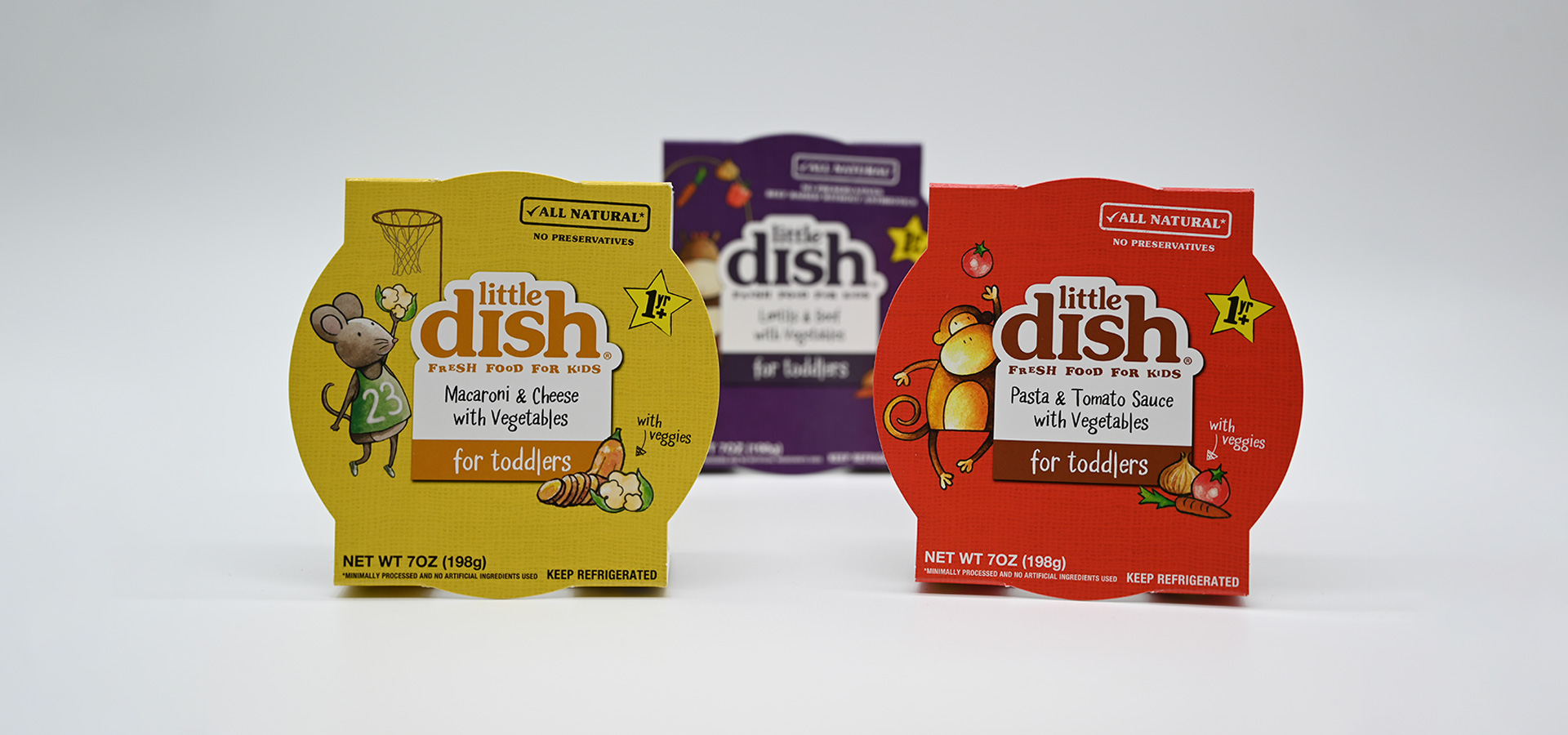 three samples of little dish todller food packaging in bright colors