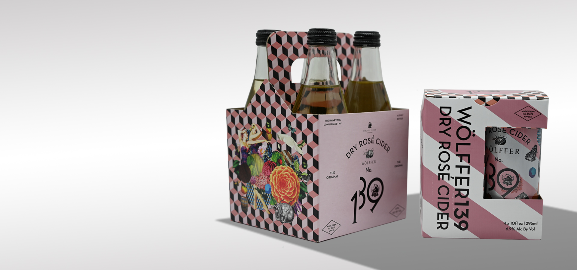 folded packaging for dry rose cider bottles and cans